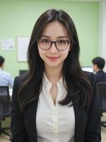 A woman in glasses standing in front of a computer photo