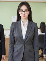 Asian business woman in business suit standing in front of other people photo