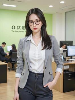 A woman in glasses standing in front of a computer photo