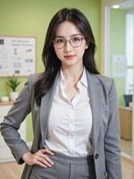 Japanese business woman wearing glasses and a stylish casual formal outfit, standing confidently in an office with a light green background photo