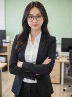 Asian business woman in office with arms crossed photo