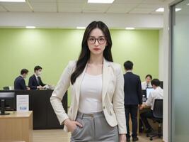 poised Japanese business woman in glasses and a casual formal attire, posing confidently in a bustling office with a light green background photo