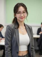 A woman in glasses and a white top standing in front of a group of people photo
