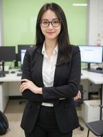 A woman in a business suit standing in front of a computer photo