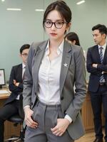 Japanese business woman glasses and a stylish casual formal outfit, standing confidently in an office with a light green background, surrounded by activity photo