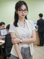 Japanese business woman in glasses and a casual formal attire, posing confidently in a busy office with a light green background, showcasing her focus photo