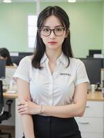 A Japanese business woman wearing glasses and a stylish casual formal outfit, standing confidently in an office with a light green background, surrounded by colleagues photo