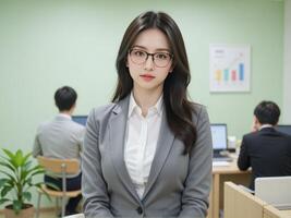 A woman in glasses standing in front of a desk photo