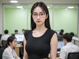 A confident Japanese business woman in glasses and a casual formal attire, posing in an office with a light green background, surrounded by a lively work atmosphere photo