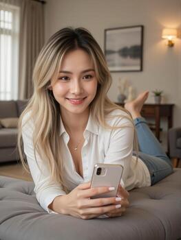 A woman is laying on a couch and smiling while using her phone photo