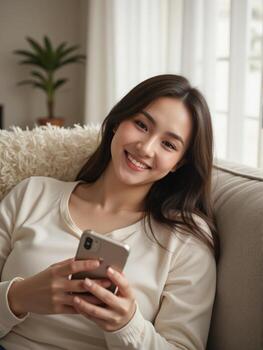 A woman sitting on a couch smiling while using her phone photo