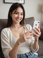 A woman smiling while holding an iphone photo