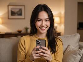 A woman smiling while holding a smart phone photo