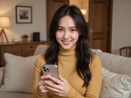 Asian woman using her phone while sitting on a couch photo