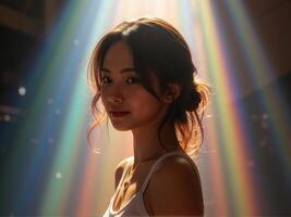 A woman is standing in front of a rainbow light photo