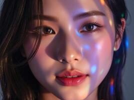 A woman with bright colored lights on her face photo