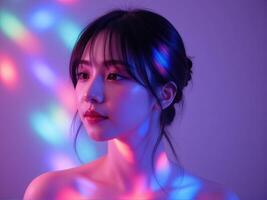 A woman with colorful lights on her face photo