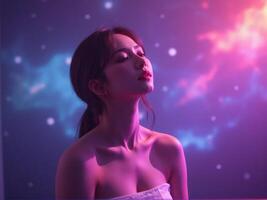 A woman in a white robe is looking up at the sky photo