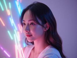 A woman with long hair and a white shirt is posing in front of a colorful light photo