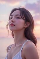 A woman with long hair and a white top is looking up photo
