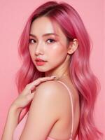 A woman with pink hair posing against a pink background photo