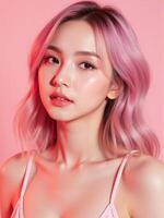 A beautiful young woman with pink hair posing on a pink background photo