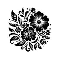 Intricate Black and White Floral Arrangement A stylized botanical featuring a symmetrical composition of stylized flowers, leaves, and flourishes, creating an elegant and decorative pattern on vector