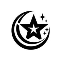 Geometric black and white featuring a star within a star within a crescent, with three additional small stars. vector