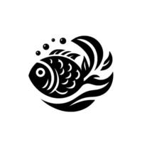 Simplified, stylized black and white illustration of a fish with bubbles and flowing elements, against a plain background. vector