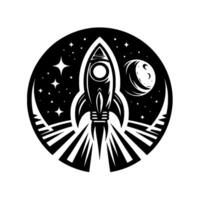 Black White Circular Illustration of a Rocket Launching into Space, Featuring a Moon, Stars, and a Textured Earth Base, in Minimalist . vector