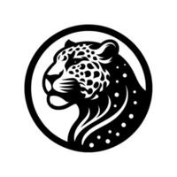 A stylized, highcontrast black and white illustration of a jaguars profile within a circular frame, showcasing its spotted face and sleek . vector