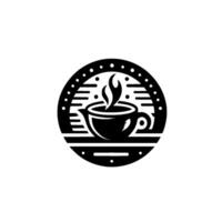 Minimalist Black and White Coffee in a Circular Frame, Featuring a Steaming Cup, Perfect for Cafe Branding. vector