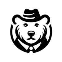 A stylized, circular of a bear head in a fedora and suit, rendered in stark black and white, exuding a sophisticated charm. vector