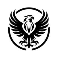 A stylized, bold black and white emblem featuring a majestic eagle with spread wings, encircled by a partial ring, set against a clean white background. vector