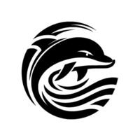 Stylized Black and White Dolphin Silhouette Emerging from Waves, Contained Within a Circular Composition, Symbol of Ocean Life. vector