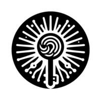 Symbolic Black and White Circular Illustration of a Key Radiating Light, with a Swirl in its Head, set against a White Background. vector