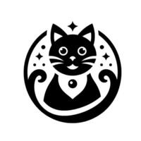Black Cat in a Decorative Circle with Stars, Whiskers, and a Smiling Face. Minimalist, playful . vector