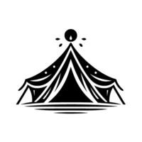 Black and White Minimalist Illustration of a Circus Tent with Stylized Sun and Decorative Elements, Set on a White Background. vector