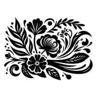Ornate Black and White Floral Motif Composition with Various Flower Types, Leaves, and Decorative Elements, on White Background. vector