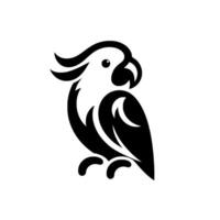 Black and white minimalist silhouette of a parrot, showcasing clean lines and a stylized crest against a pure white background. vector