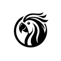 Minimalist Black and White of a Parrots Head Within a Circle, with a Crest and Beak, on a White Background. vector