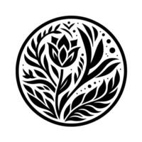 Black and white floral emblem in a circular frame, featuring a stylized tuliplike flower surrounded by intricate leaves, dots, and decorative branches. vector