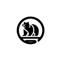 A stylized, minimalist black bear silhouette within a circular frame, resting on a curved platform, against a clean white background. vector