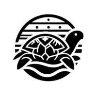 Black and White Stylized Turtle Swimming in the Ocean within a Circle Frame, Minimalist . vector