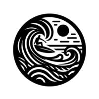 Silhouette of a Surfer Riding a Wave Inside a Circle, Featuring Sun and Lines, Minimalist Black and White . vector
