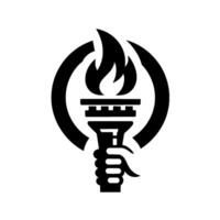 Black and White Emblem A Stylized Hand Holding a Flaming Torch within a Circular Frame, Representing Power and Symbolism. vector