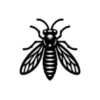 Bold, minimalist illustration of a wasp in black and white, showcasing its anatomy, with detailed wings and textured head, set against a clean background. vector