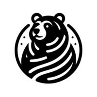 Black and white stylized bear head with striped body within a circular frame, minimalist, clean , isolated on white. vector