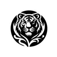 Striking Black and White Tiger Head Tribal within a Circle, Emphasizing Lines and Artistic Flair on a Solid White Backdrop. vector