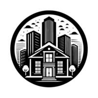 Stylized black and white circular emblem featuring a house in the foreground with a cityscape of skyscrapers, trees, and clouds in the background. vector